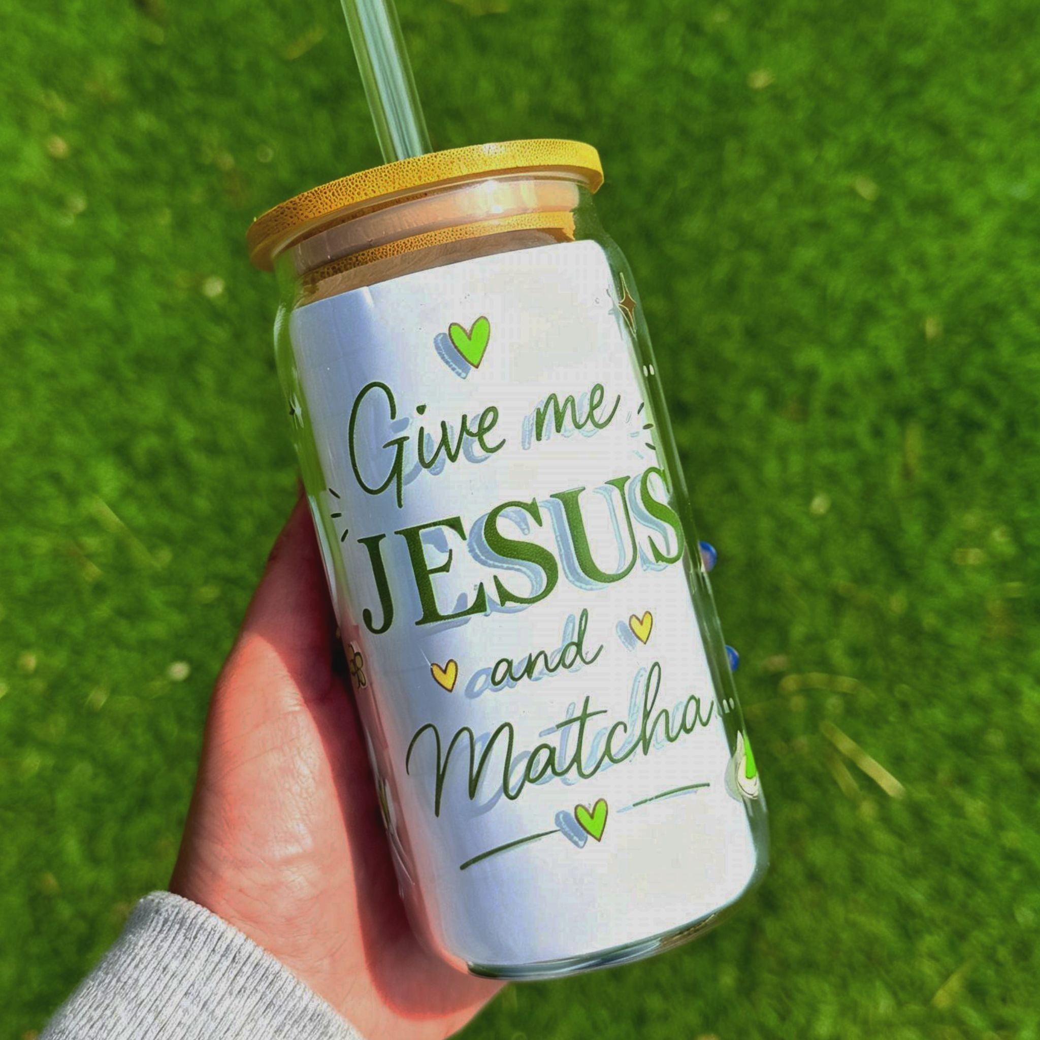 "Give me Jesus and Matcha" 16 oz Glass Tumbler