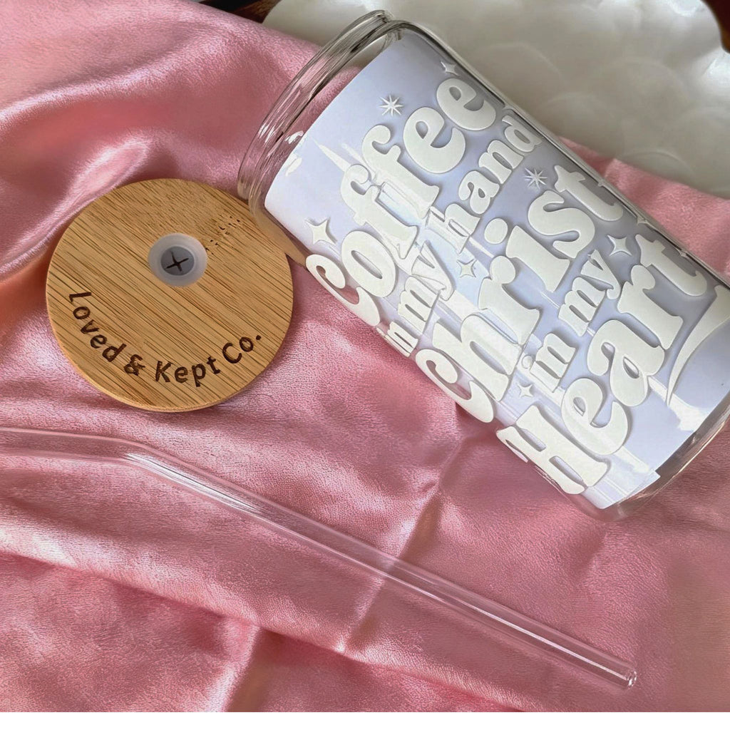 "Coffee in my Hand Christ in my Heart" 16 oz Glass Tumbler